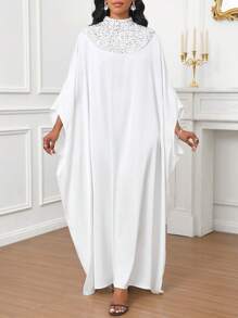 SHEIN Lady 四季优雅朴素长袍华丽白色亮片拼布设计长裙