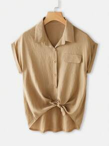 SHEIN LUNE 女士纯色短袖衬衫简约时尚休闲日常 - 卡其色 - 查看 1