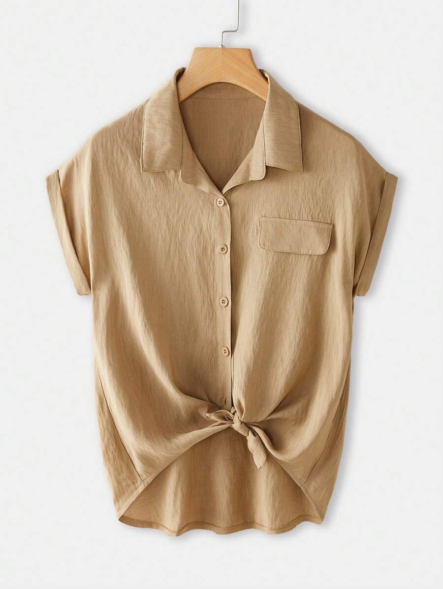 SHEIN LUNE 女士纯色短袖衬衫简约时尚休闲日常 - 卡其色 - 查看 1