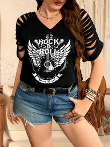 SHEIN LUNE Áo thun tay ngắn hở vai cổ chữ V thiết kế guitar & rock cho lễ hội âm nhạc, kỳ nghỉ hè cỡ lớn - màu đen - Xem 4