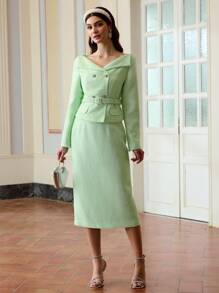 ZEYLAH Women's Elegant Commuter Floral Mesh & Sequin Embellished Skirt - Green - View 1