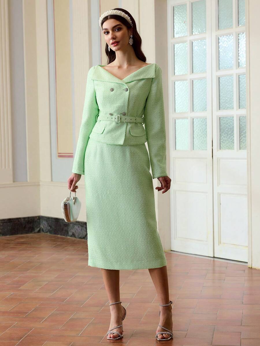 ZEYLAH Women's Elegant Commuter Floral Mesh & Sequin Embellished Skirt - Green - View 1