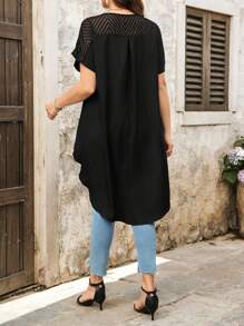 SHEIN LUNE Plus Size Black Long Blouse For Women, Spring & Summer