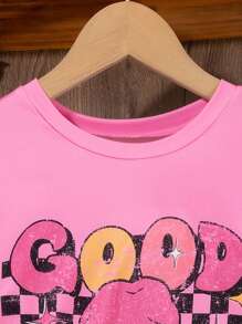 SHEIN 2pcs/Set Girls Casual Streetwear Sunshine Smiling Face Cute Pattern Loose Comfy T-Shirt & Bike Shorts Set - Multicolor - View 4