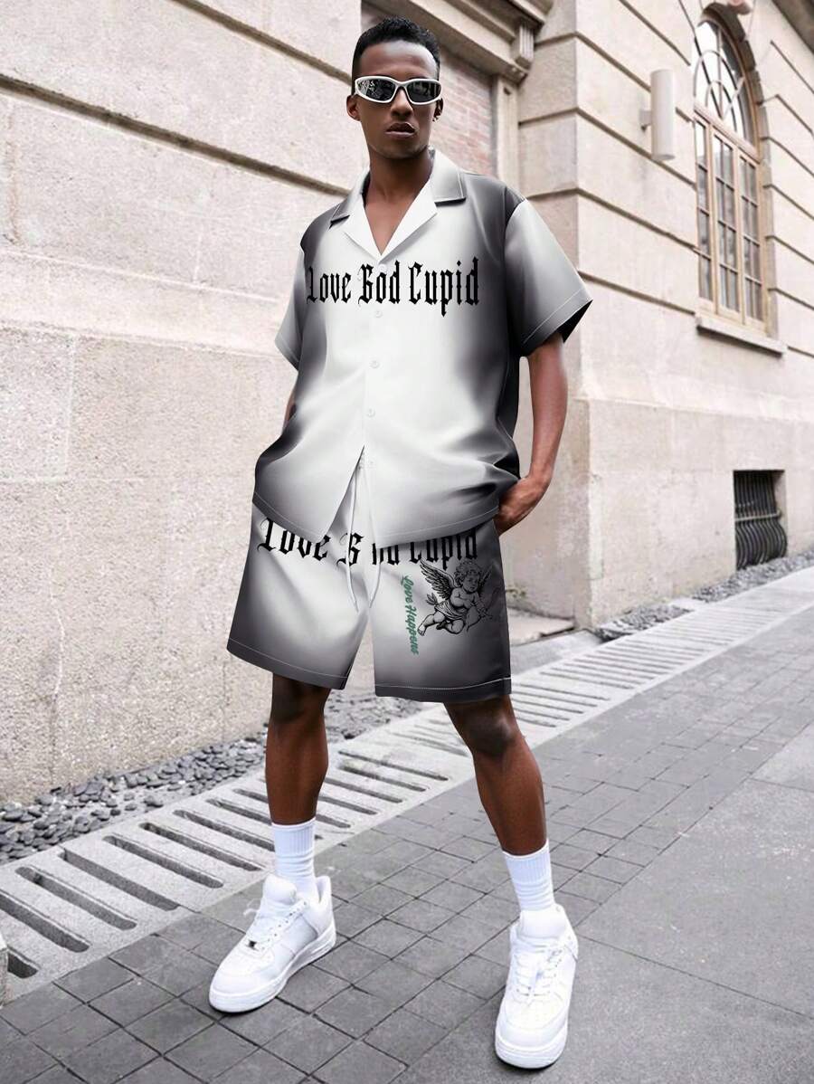 Manfinity EMRG Men's Letter Print Ombre Shirt And Shorts Set - Multicolor - View 1