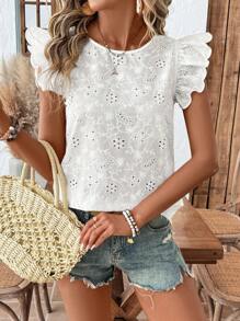 SHEIN LUNE Blusas bonitas para mujer, blusa blanca de verano con bordado de ojetes y mangas cortas con volantes, blusas de verano