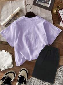 SHEIN 2 件套女童休闲短袖上衣和短裤，适合夏季 - 淡紫色 - 查看 2