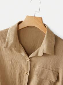 SHEIN LUNE 女士纯色短袖衬衫简约时尚休闲日常 - 卡其色 - 查看 3