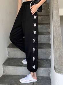 DAZY Butterfly Print Drawstring Joggers - Black - View 3