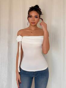 Chiquease High-End Charming Elegant Flower Ribbon Off Shoulder Open Shoulder Sexy Short Sleeves