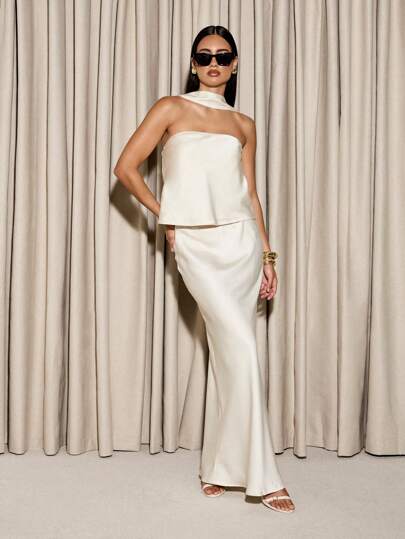 AiiRZ 奢华缎面两件套无肩带抹胸上衣，配有围巾领口细节和优雅及地长裙，适合晚会、婚礼、宾客正式场合服装套装