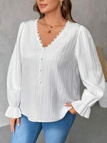 SHEIN LUNE 1pc Women's Simple V-Neck Ruffled Front Button Long Sleeve Plus Size Casual Shirt