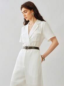 Uhlyne 时尚编织连体裤优雅通勤翻领修身女士长裤连体裤 - 白色 - 查看 6