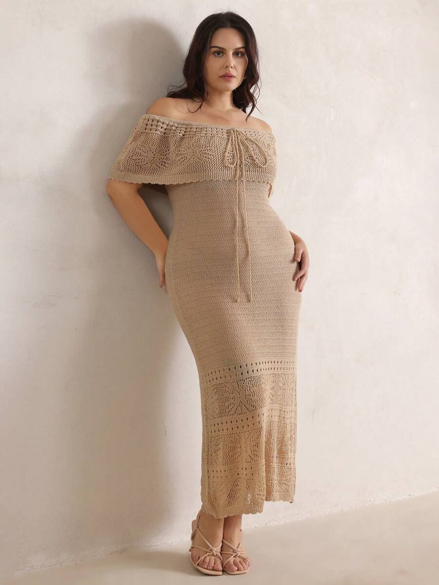 Anewsta Plus Size Off Shoulder A-Line Beach Dress, Elegant For Summer Vacation - Khaki - View 1