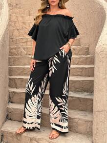 SHEIN LUNE 2pcs/Set Plus Size Fashionable Casual Off Shoulder Ruffle Sleeve Top And Self Tie Pants - Black - View 4