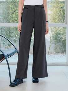 DAZY Pantalones de mujer de unicolor con pliegue delantero minimalista, pantalones casuales para uso diario, pantalones de vestir de mujer para atuendo de negocios - Gris Oscuro - Ver 4