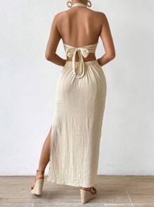 Chiquease Solid Color Cutout Halter Neck Dress With Textured Finish