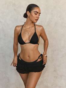 SHEIN Swim Vacation Beach Solid Color Bikini With Lace Cover-Up Sarong 2 Pieces Set For Summer - Black - View 6