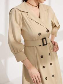 Modelyn Women's Solid Color Front Button Long Sleeve Simple Casual Dress - Beige - View 6