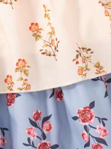 SHEIN Young Girl Rose Floral Retro Print Shirred Trim Contrast Color Detailed Shoulder Strap Tiered Hem Dress With Exquisite Lace Design, Like A Cake Young Girls Clothing Dress Clothes For Girls Young Girls Dresses Girl Clothes For Kids Young Girls Dresses