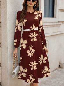 SHEIN Clasi Casual Floral Pattern Round Neck Women Dress, Suitable For Spring And Summer - Burgundy - View 4
