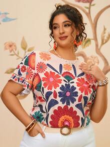 Travachic 大码度假休闲热带印花短袖宽松女士上衣衬衫 - 彩色 - 查看 3