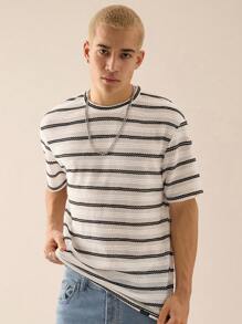 SWAVVY Camiseta de manga corta de ajuste holgado y de punto de unicolor casual para hombres jóvenes