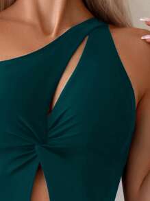 Swim Chiccia 1 件女式纯色连体泳衣，简约时尚休闲，适合日常穿着 - 水鴨藍 - 查看 4