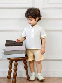 SHEIN 2 pièces/Set Polo Shirt Pull-over Manches Courtes Tissé Casual Extérieur T-Shirt + Short de Sport Ample Couleur Unie Convenant aux Garçons au Printemps et à l'Automne - Multicolore - Voir 2