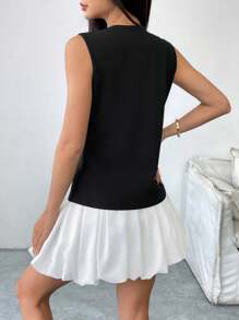 Calvaya 2pcs Women's Black & White Contrast Color Bubble Skirt With Safety Shorts, Commuting Outfit Spring/Summer