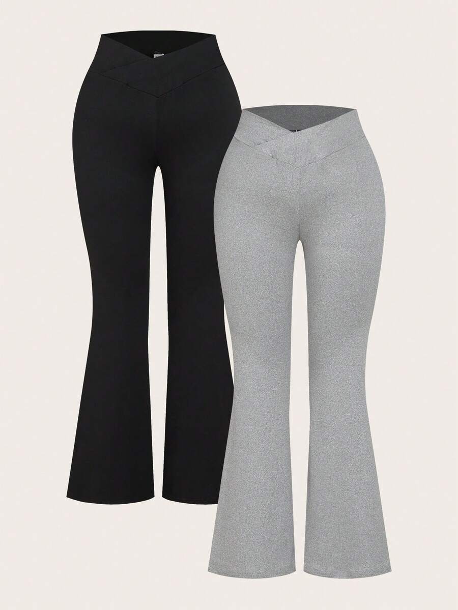 SHEIN EZwear 两件套加大码黑色和灰色腰部交叉设计修身休闲喇叭裤套装 - 彩色 - 查看 1