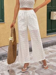 Calvaya Solid Color Embroidered Tie-Waist Straight-Leg Casual Pants