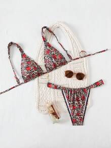 Swim SXY Beach Summer 2 Pieces Women's Leopard & Rose Print Sexy Thick Strap Tied Metal Pendant Bikini Set - Multicolor - View 6