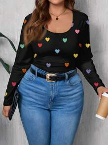 SHEIN LUNE 休闲简约全印花大码女式修身 T 恤