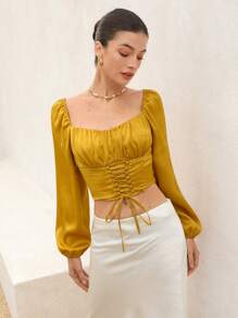 Aveloria Rosie Blouse à manches courtes et longues, col carré satiné brillant, avec nœud à la taille, style romantique français de vacances