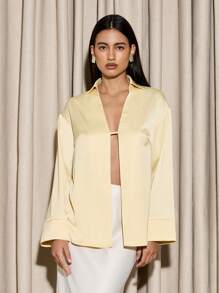 AiiRZ 奢华缎面开襟衬衫，宽袖，优雅领口设计，非常适合办公室晚装、特殊场合和正式活动 - 黃色 - 查看 1