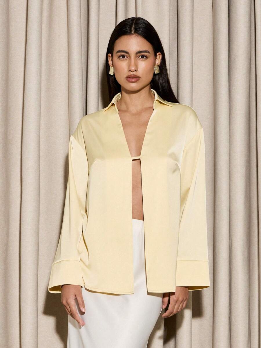 AiiRZ 奢华缎面开襟衬衫，宽袖，优雅领口设计，非常适合办公室晚装、特殊场合和正式活动 - 黃色 - 查看 1
