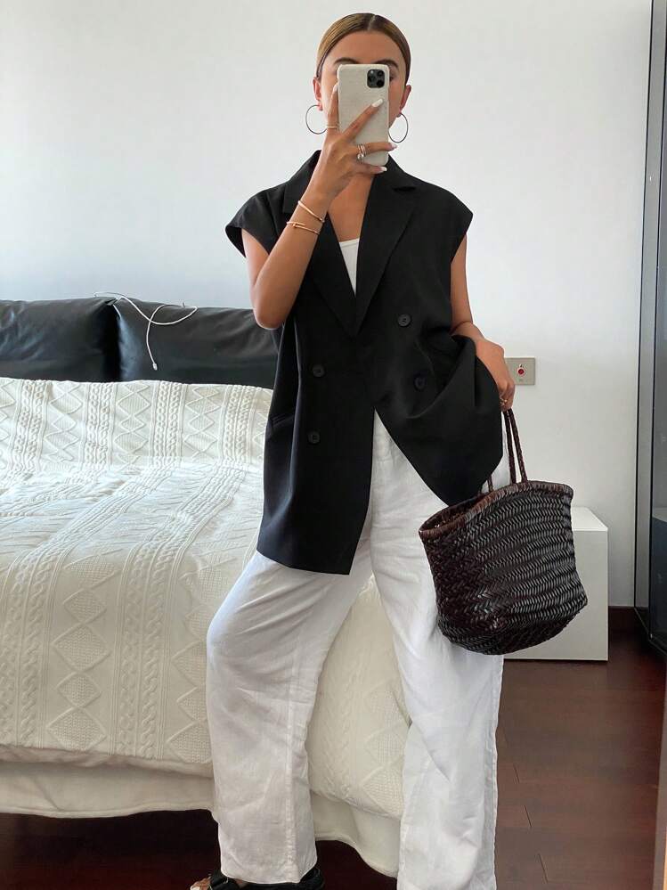 Livesso 纯色宽松无袖休闲西装外套，女士春夏秋季商务装 - 黑色 - 查看 7