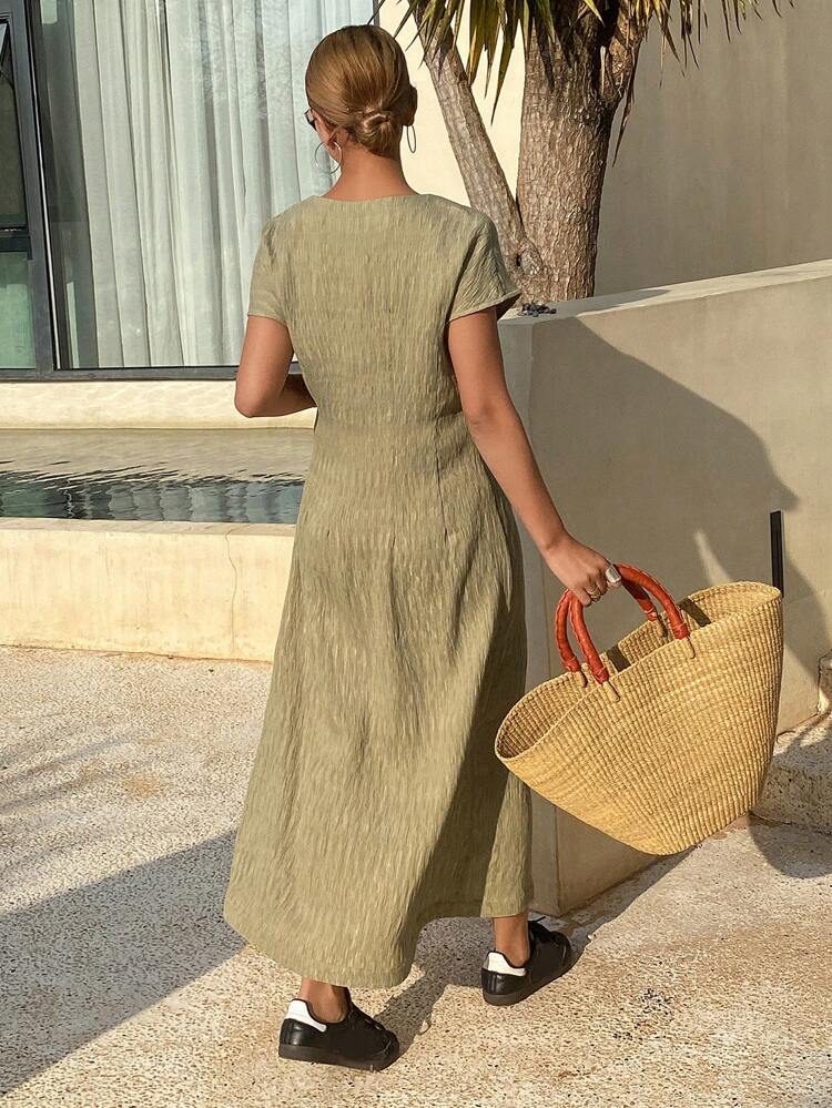 Women Textured Fabric Solid Color Round Neck Zip Up Long Dress Sundress,Casual Women Dresses,Teacher Outfits