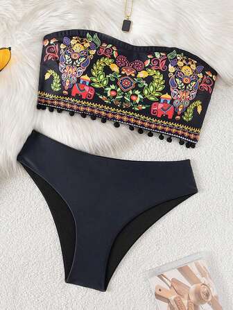 Swim Vcay Springbreak Frauen Bademode Sommer 2-teiliges Bikini Set, Bandeautop ohne Bügel und Bohemian Festival Stil Bikini Hose für den Urlaub