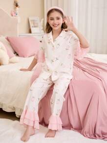 SHEIN Leap Crew 少女韩版郁金香花朵图案翻领荷叶边短袖上衣和宽松舒适裤子 2 件套睡衣套装 - 淺粉色 - 查看 4