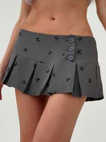 Aloruh Combo váy xếp ly cạp trễ thanh lịch, nơ xinh xắn, thêu tương phản, chống nhấp nháy, siêu ngắn, kèm quần short - Xám - Xem 3