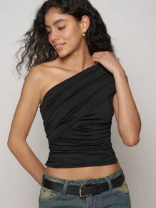 Easelle Women's Black Knit Ruched Slim One-Shoulder T-Shirt - Multicolor - View 5