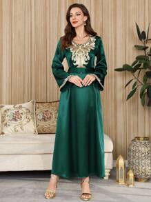 Al Najma Elegant Embellished Collar Floral Embroidered Long Sleeve Women Arabic Style Dress, Kaftan & Jalabiya, Luxury Evening Dresses For Women,Modest