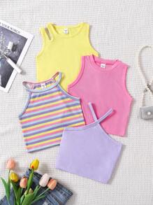 4 件/套女孩马卡龙色镂空交叉带多设计短款背心