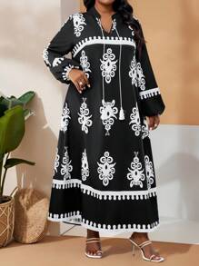 SHEIN Lady Spring And Summer Elegant Commuting Office Casual Boho Casual Outing Colorful Woven Notched Ball Gown Bishop Sleeve Tassel A Line Dress Tunic Dress Long Wrist-Length Sleeve Plus Size Dresses Classy Outfits For Women Beach Vacation Boho Women Clothing Boho Sun Dress Vacation Dress Vacation Outfits Women Vacation Dresses For Women Elegant Spring Dresses For Women Spring Outfits For Women Summer Outfits For Women - Black and White - View 4