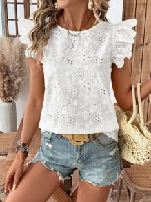 SHEIN LUNE Blusas bonitas para mujer, blusa blanca de verano con bordado de ojetes y mangas cortas con volantes, blusas de verano