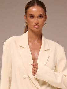 SHEIN X Scot Louie MUSERA Áo blazer dáng rộng, ve áo xẻ, hai hàng cúc, thanh lịch, chuyên nghiệp, công sở, thường ngày, đi nghỉ mát, mùa đông, đi làm, văn phòng, giới thượng lưu, hẹn hò, đi chơi, trở lại trường học, dự đám cưới, vest dễ thương, thường ngày, lịch sự, màu kem, may đo, ngày lễ tình nhân, mùa xuân, ngày lễ tình nhân. - Kem - Xem 5