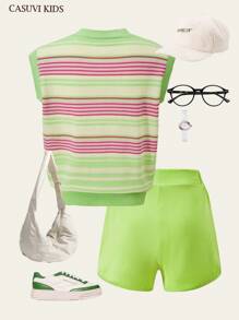 SHEIN Explorewe 2pcs/Set Girls Striped Lightweight Sweater And Shorts Set - Green - View 4