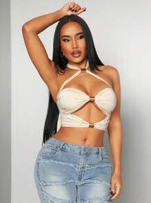 SHEIN SXY Spring And Summer Solid Apricot Sexy Casual Jealous Hollow Halter Vest Metal Decoration Cropped Top Music Festival/Date/Gathering/Party/Birthday/Island Vacation/Holiday Travel Clothing - Apricot - View 5